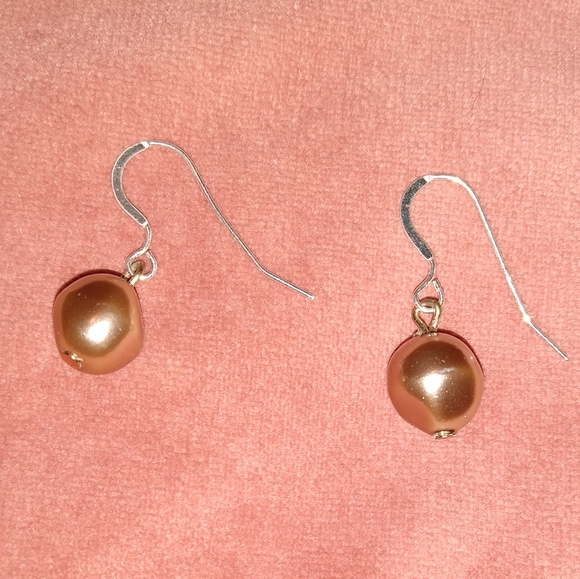 Solid 925 Champagne Honey Pearls Sterling Silver Wires Pearl Charm Earrings - Picture 4 of 5